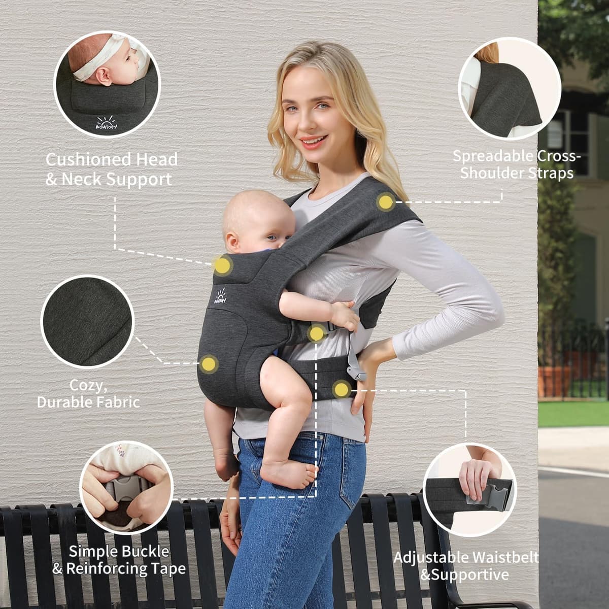 MOMTORY Baby Carrier from Newborns, Comfortable Hip Seat for Baby, 3-12 kg, Ergonomic Carrier for Newborn to Toddler with Velcro Fastening, Easily Adjustable Hip Carrier — view 3