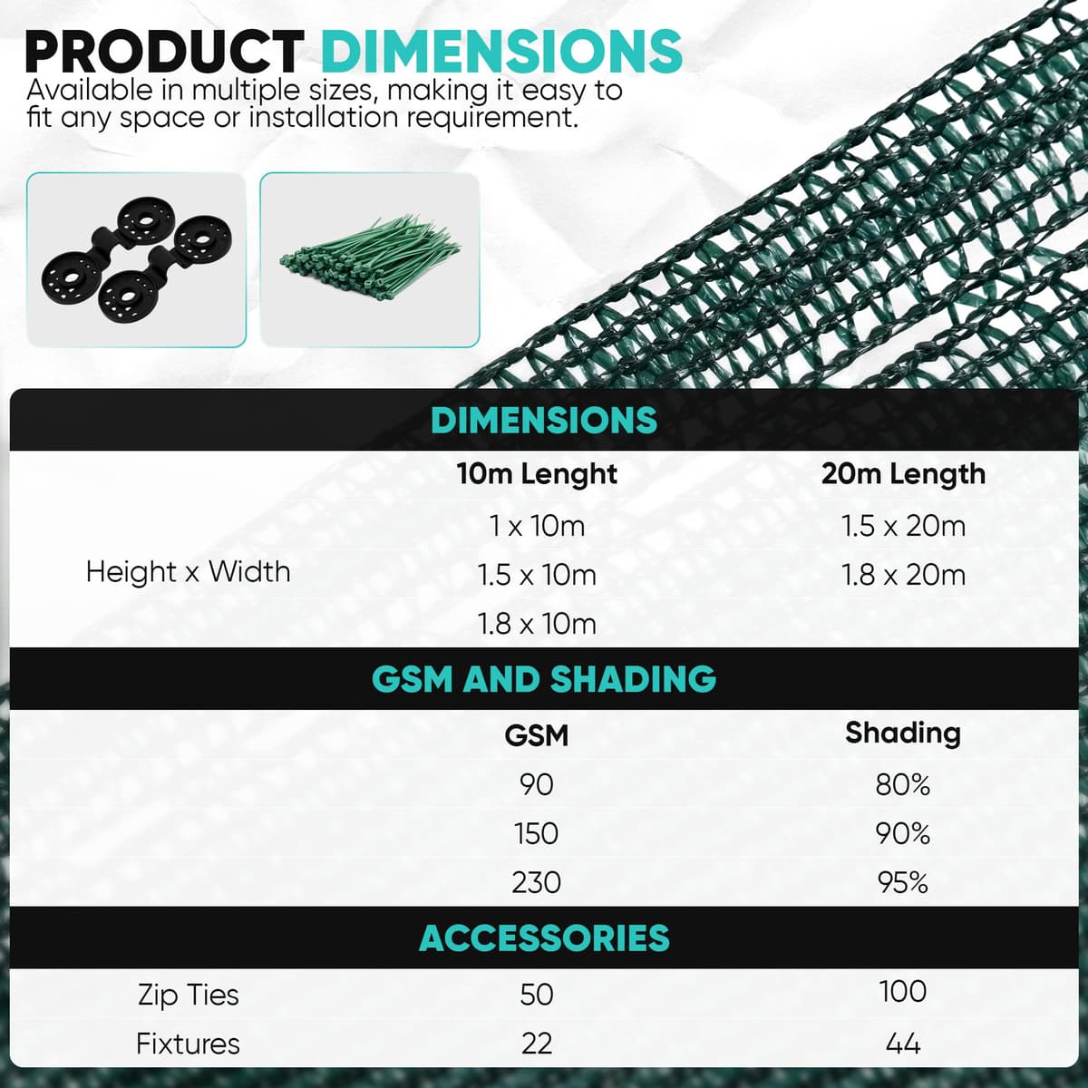 SG Traders Privacy Netting 1m x 10m - Garden Privacy Screen 90 GSM, HDPE Outdoor 80% Shading Net, UV-Resistant Tear Resistant Windbreak Fencing with Holes and Cable Ties, Easy to Install (Green) — view 4