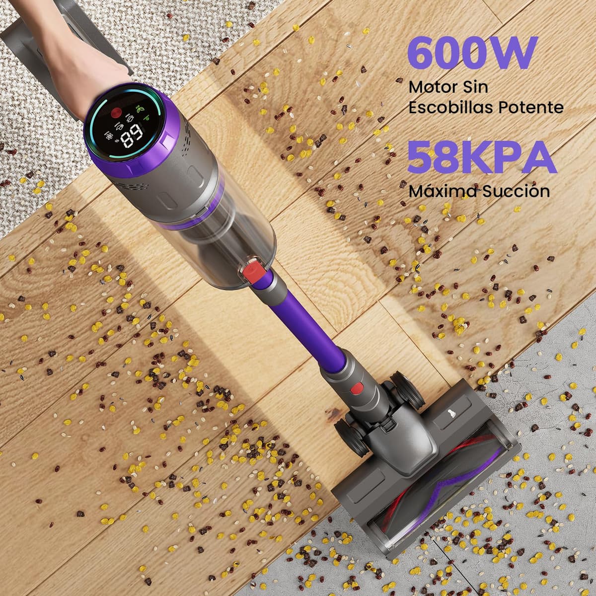 Aspiradora Sin Cable 58000Pa/600W/75Min, Escoba Aspiradora sin Cable de 1.6L, Pantalla Táctil LED Inteligente, Aspirador Inalámbrico Antienredo, Ideal para Suelos, Alfombras y Pelo de Mascotas — view 3