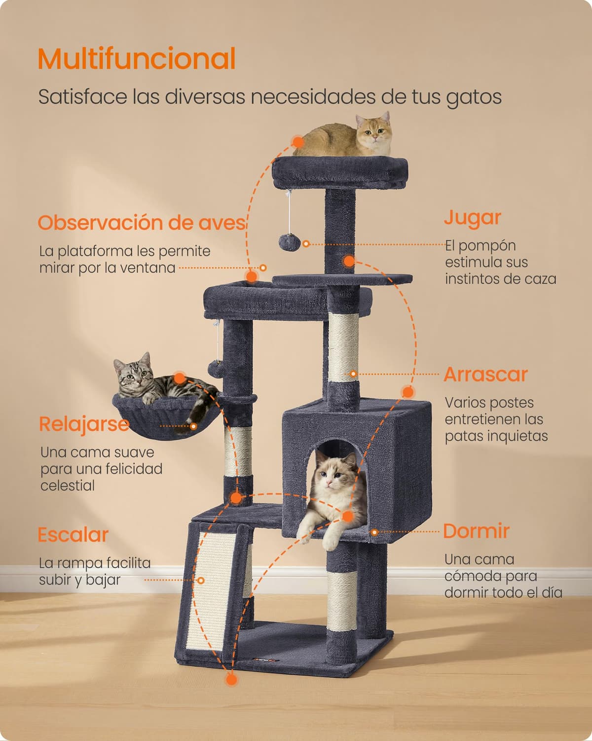 Feandrea Árbol para Gatos, Rascador de Gatos, Torre con Postes y Rampa Rascador, 3 Grandes Plataformas, 1 Cueva, 1 Hamaca, 2 Pompones, Altura 136 cm, Gris Oscuro PCT012GS01 — view 3