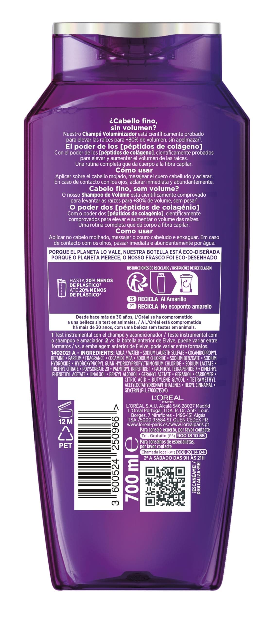 L'Oréal Paris Elvive Volumizing Shampoo, Instant Volumizing Shampoo, No Clumping, 72H, With Collagen Peptides, For Fine Hair, Collagen Lifter, 700 ml — view 2