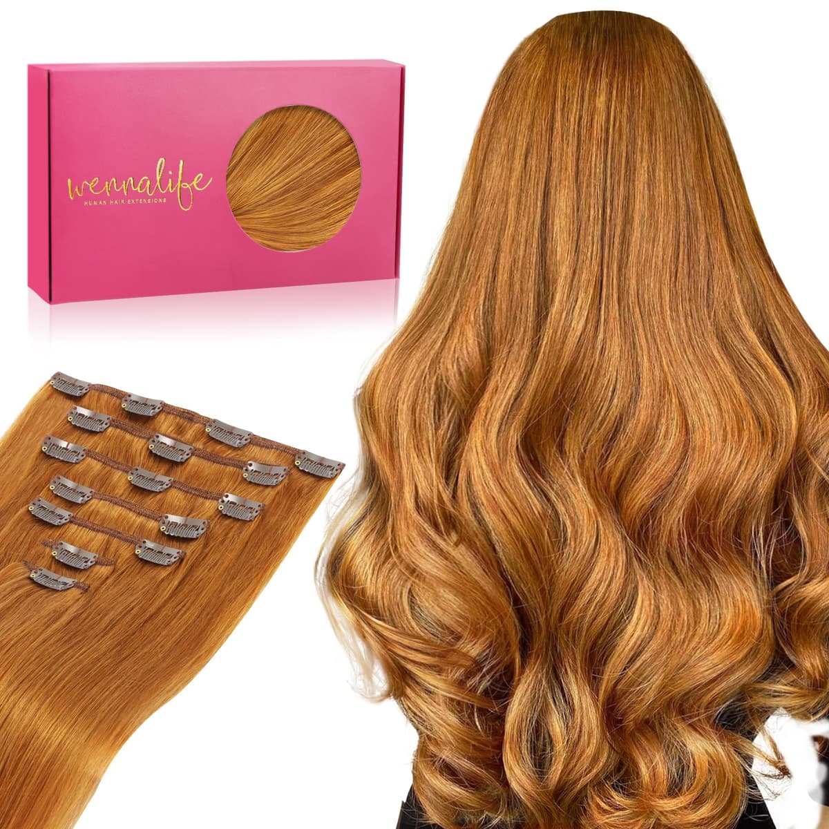 WENNALIFE Extensiones Clip Pelo Natural, 35cm 120g 7 Piezas, Jengibre Caoba Extensiones de Clip Natural Extensiones Pelo Remy Extensiones Cabello Postizos Mujer