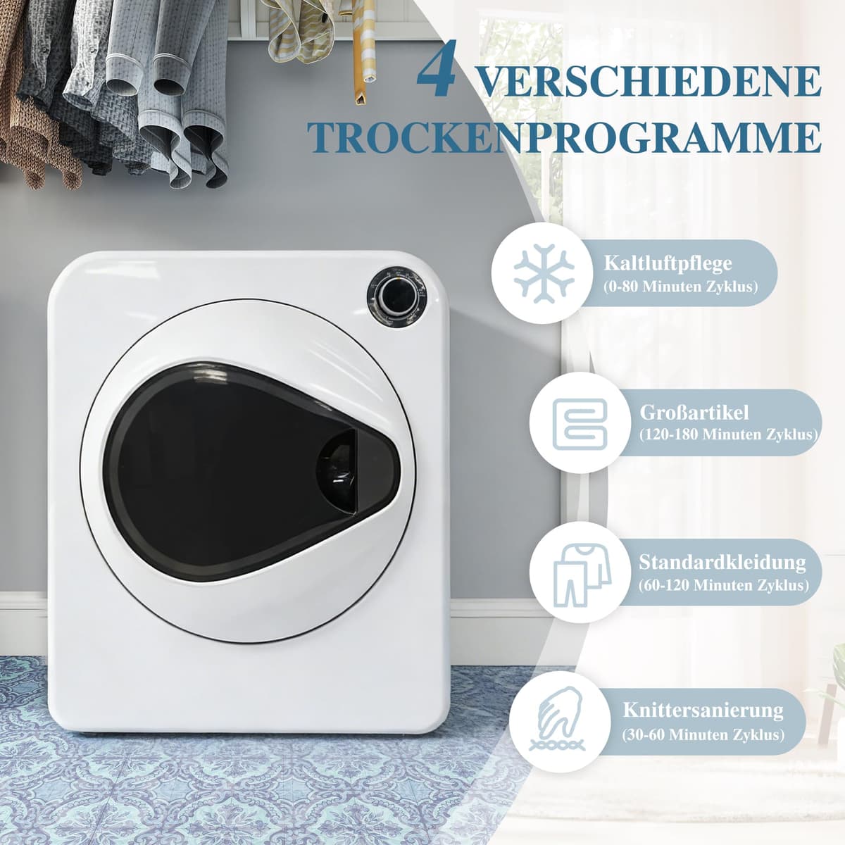 ECLIVON Secadora de Evacuación 4 kg con 4 Programas, Carga Frontal Secadora de Ropa 830 W, Montable en la Pared Secadora de Ropa con Tambor Inox, para Piso, Casa, Mobil Home, 59,5x49,5x41,5 cm, Blanco — view 2
