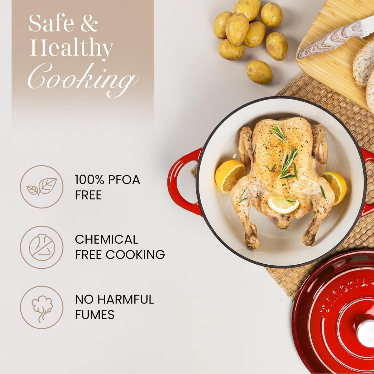Nuovva Enamelled Cast Iron Dutch Oven Pot with Lid – 6.4 Quart Casserole Dish – Ceramic Dutch Oven for Bread Baking, Roasting, Braising & Stews – Oven Safe up to 500°F – 28cm Red — view 4