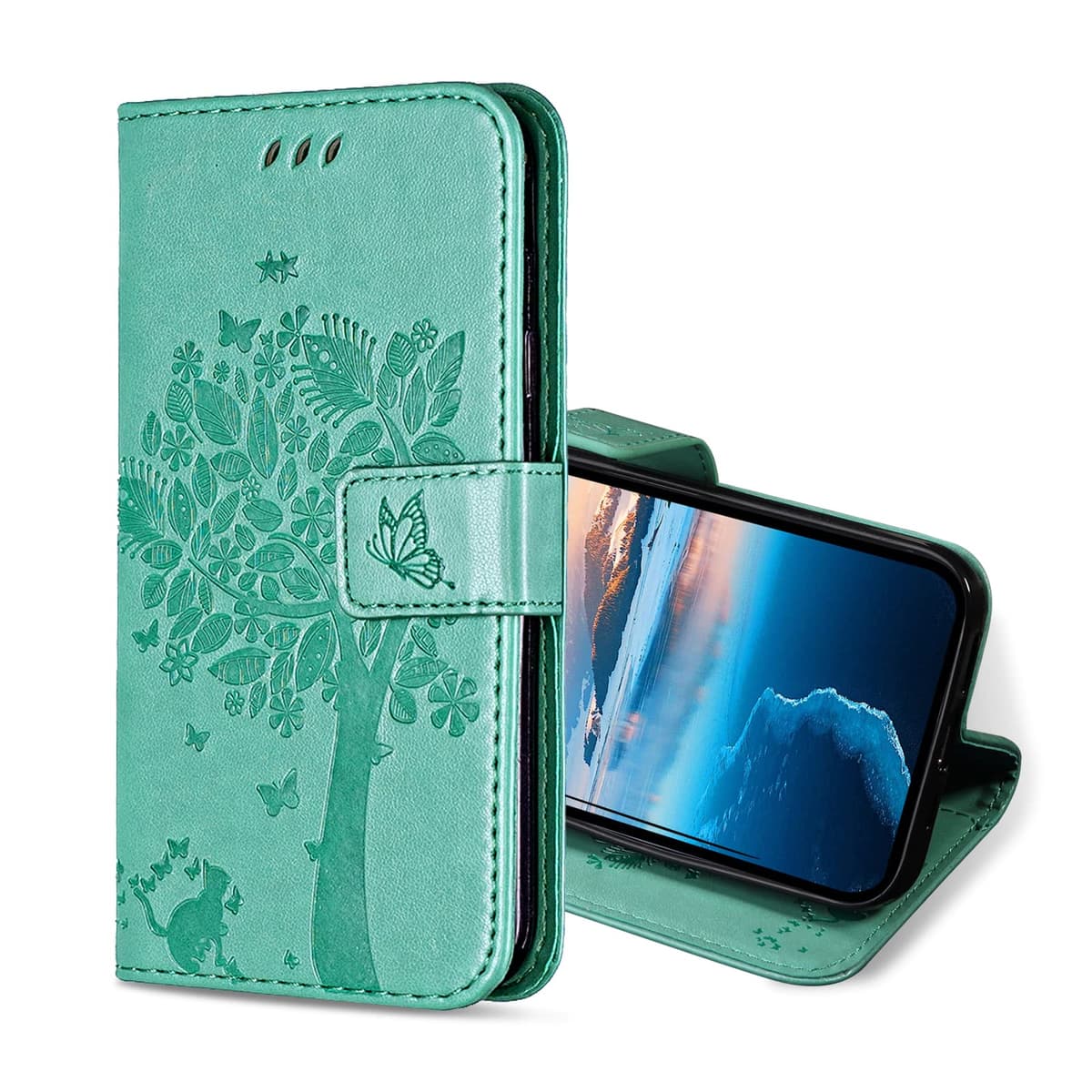 Funda para Xiaomi Redmi 9A / Redmi 9AT, Funda Tapa Libro Movil de Cuero PU, Ranura para Tarjeta Plegable Billetera Carcasa para Redmi 9A / Redmi 9AT (Menta Verde)