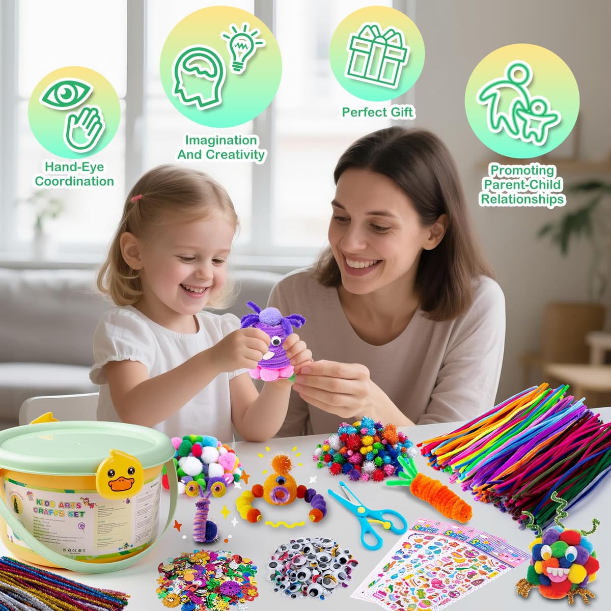 Sundaymot DIY Craft Kits for Kids, Arts and Crafts for Kid with Pipe Cleaners, Feather, Crafting Box and Pom Poms, Toddlers Kids Activity Packs Toys for Girls Boys Ages 3-12 Birthday Gifts — view 5