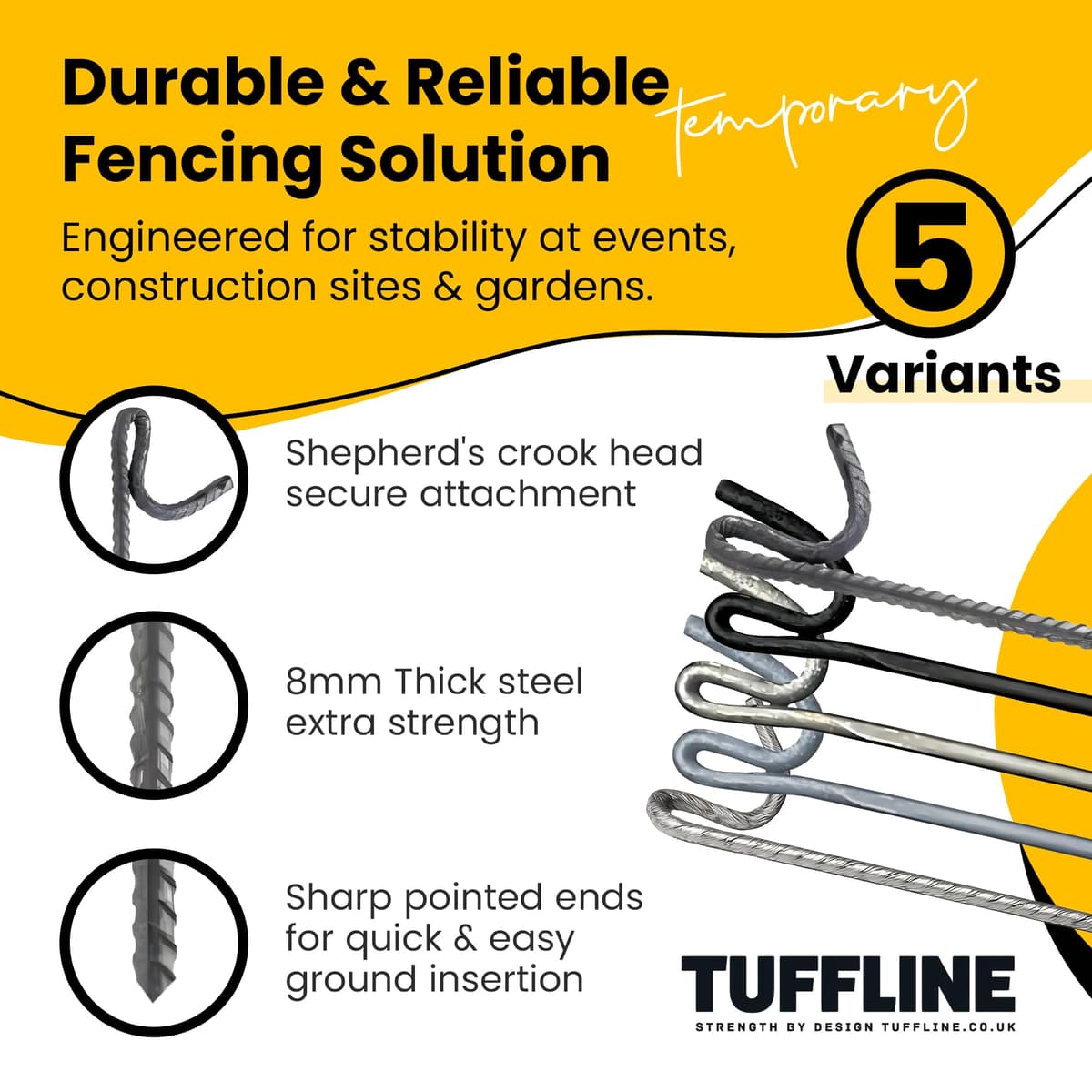 Fencing Pins 125cm – Pack of 10 – Standard, Black Coated, Galvanised, Ribbed, Ribbed Galvanised – Heavy Duty Temporary Fence Posts (Black Coated) — view 4