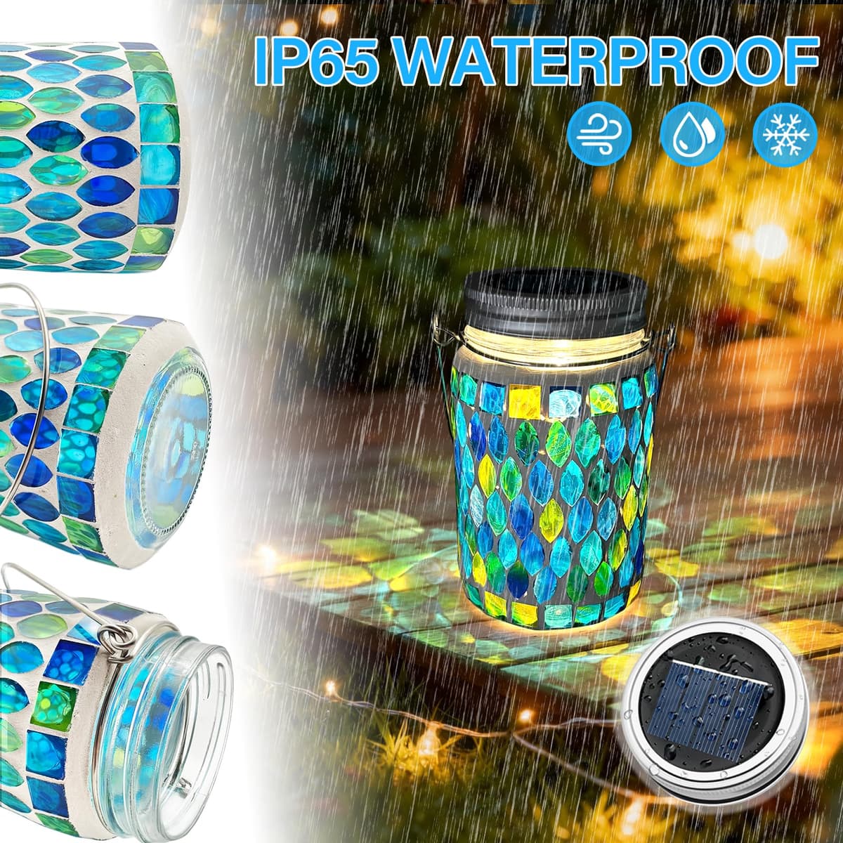 TOTHDATE 2PCS Mosaic Solar Lights Outdoor Garden, On/Off Glass Hanging Solar Mosaic Lanterns Lights IP65 Waterproof for Table Lawn Path Courtyard Deck Fence, Blue Mosaic Glass — view 4