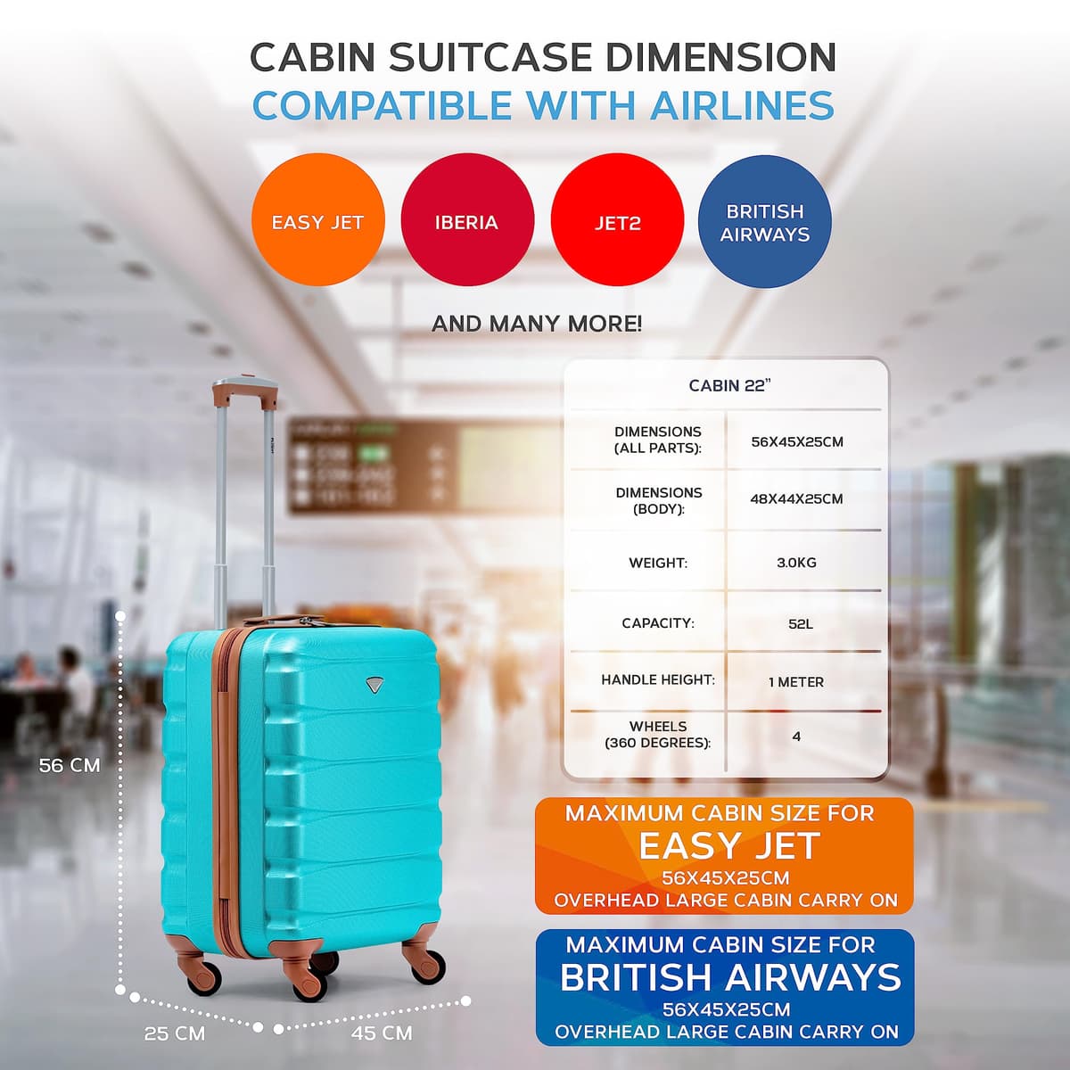 Flight Knight 56x45x25 EasyJet Cabin Bag, Jet2, British Airways Suitcase - Lightweight Small Durable 4-Wheel Cabin Case, Maximum Carry-On Size, ABS Hard Shell, 10kg Hand Luggage Bag- 56 x 45 x 25 — view 3