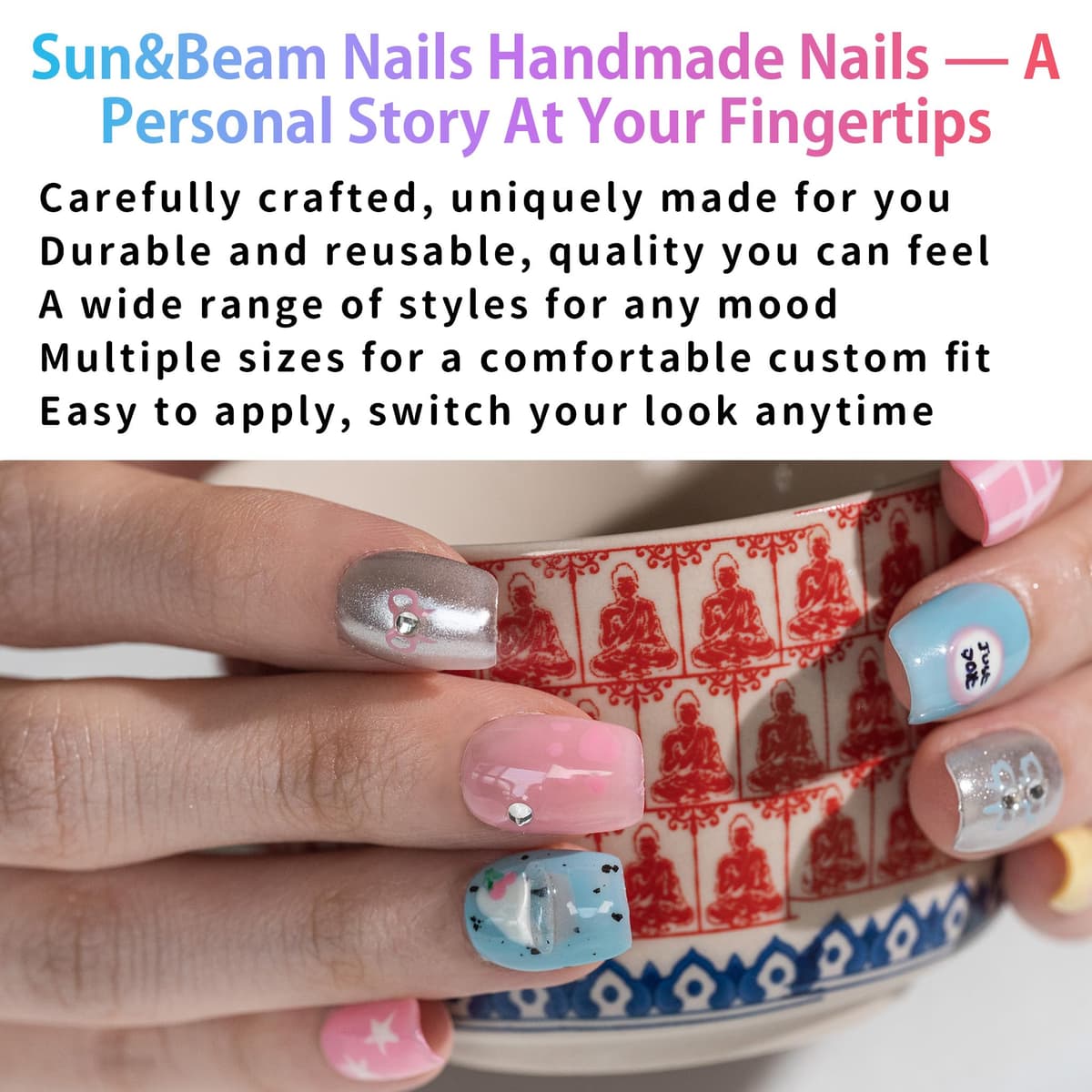 Sun&Beam Nails Handmade Press On Nail Long Coffin Ballerina Pink Flower Acrylic Fake Tip 3D Design Art Charms Cute with Storage Box 10 Pcs (S) — view 329