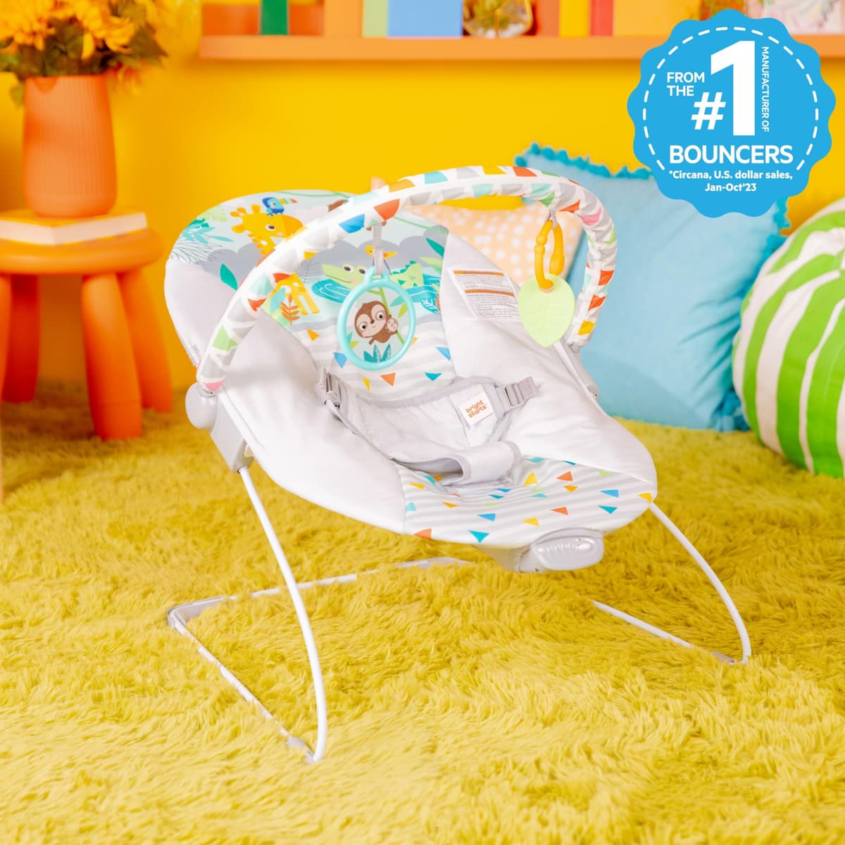 Bright Starts, Asiento Infantil Vibrador - Barra de Juguetes Removible, Pies Antideslizantes, 0-6 Meses Hasta 9 kg (Safari Fun) — view 2