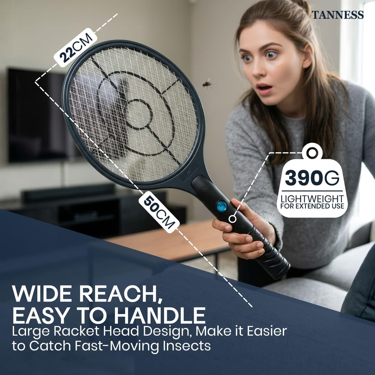 Tanness 1-Pack 3000V Rechargeable Electric Fly Zapper Racket, 22 x 50 cm, USB-C Charging, 4V 300mAh Battery, Indoor and Outdoor Use, 3-Layer Safety Mesh — view 5