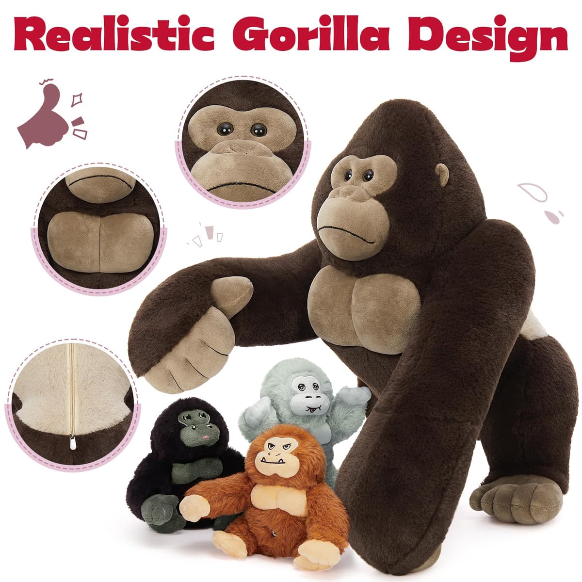 MorisMos Big Gorilla Soft Toy with Babies inside, Lifelike Large Giant Gorilla Monkey Teddy Stuffed Animal Plush Cuddly, Kawaii Presents for Kids Girls Boys Birthday Party Decorations (50 cm) — view 3