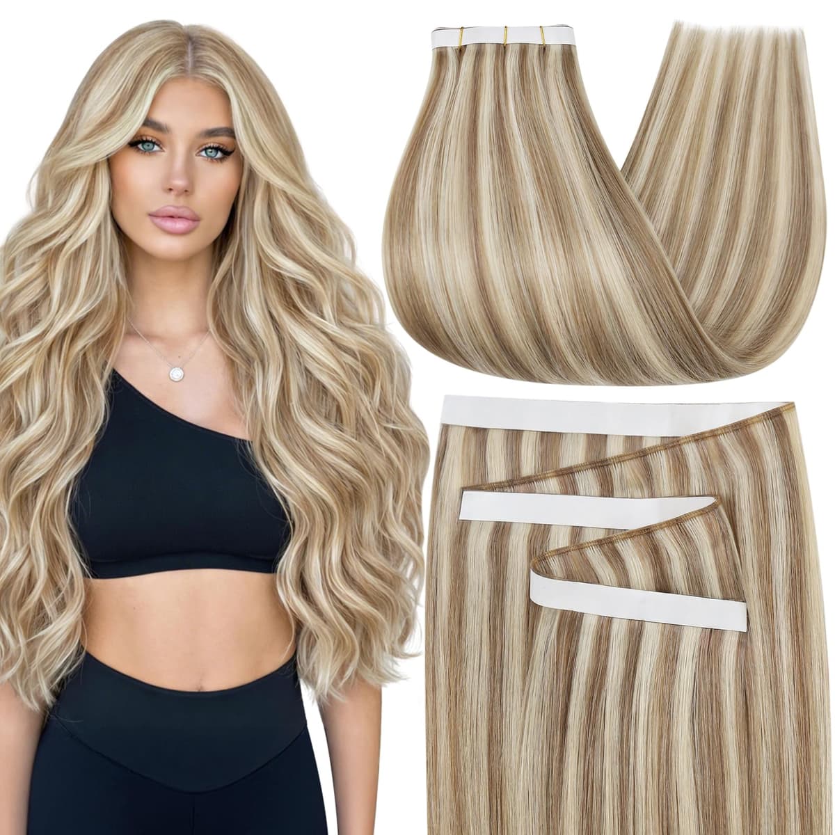 Moresoo Tape in Human Hair Extensions 20 Inch Highlight 50g/20pcs Tape in Hair Extensions Human Hair Ash Blonde with Platinum Blonde #P18/613 — view 10
