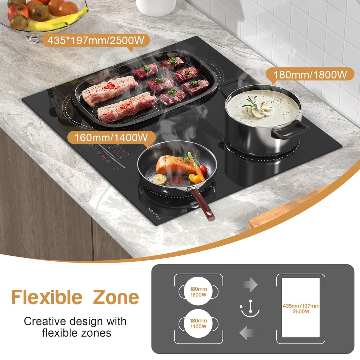 NOXTON Plug in Induction Hob 60 cm Flex Zones with 13AMP Plug, Induction Hob 4 Ring Built-in Slide Control, Timer, Pause Function, Safe lock, 2800W, 220V-240V — view 3