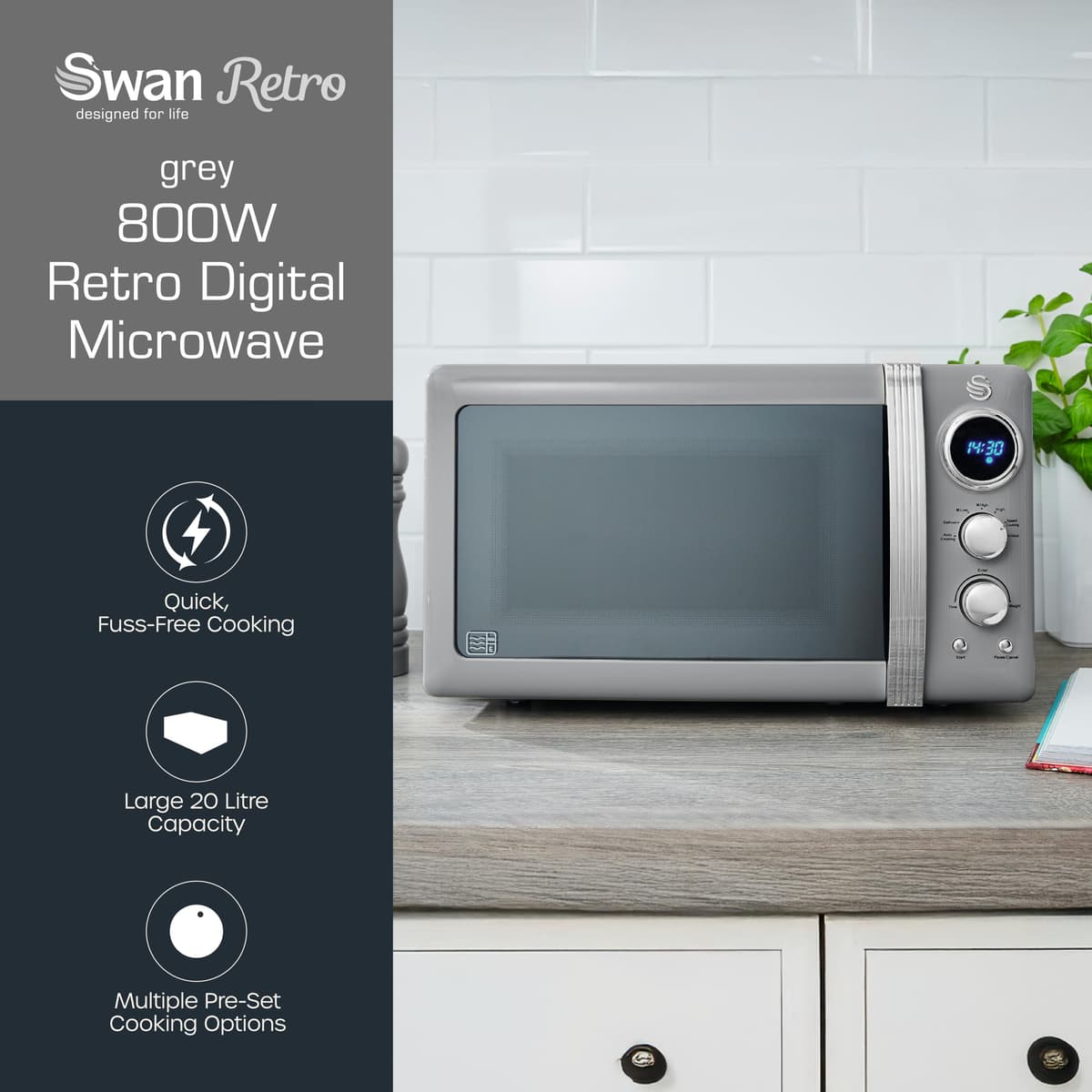 Swan Retro LED Digital Microwave Grey, 20L, 800W, 6 Power Levels Including Defrost Setting, SM22030LGRN — view 2