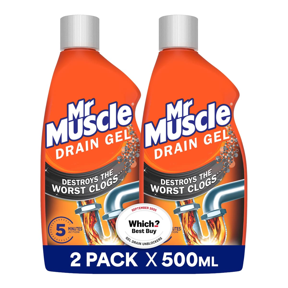 Mr Muscle Drain Unblocker Liquid (2 x 500ml), Sink & Drain Cleaner, Strong & Fast Acting Heavy Duty Drain Gel, Dissolves Clogs, Safe for All Pipes