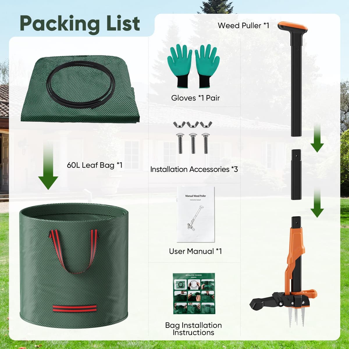 Weed Puller with 60L Garden Bag, Length 100cm, with 4 Strong Claws, Garden Tool for Lawn, Patio, Garden — view 9