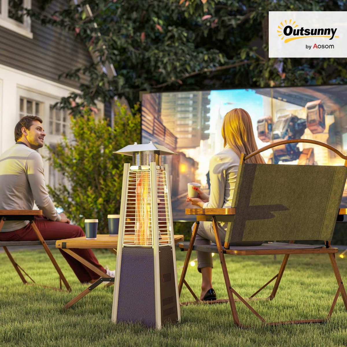 Outsunny Estufa de Gas Butano, 3000W, Calefactor de Exterior a Gas Portátil con Temperatura Ajustable, Protección contra Vuelcos, Ignición por Presión, para Butano y Propano, 3 m², Bronce — view 2