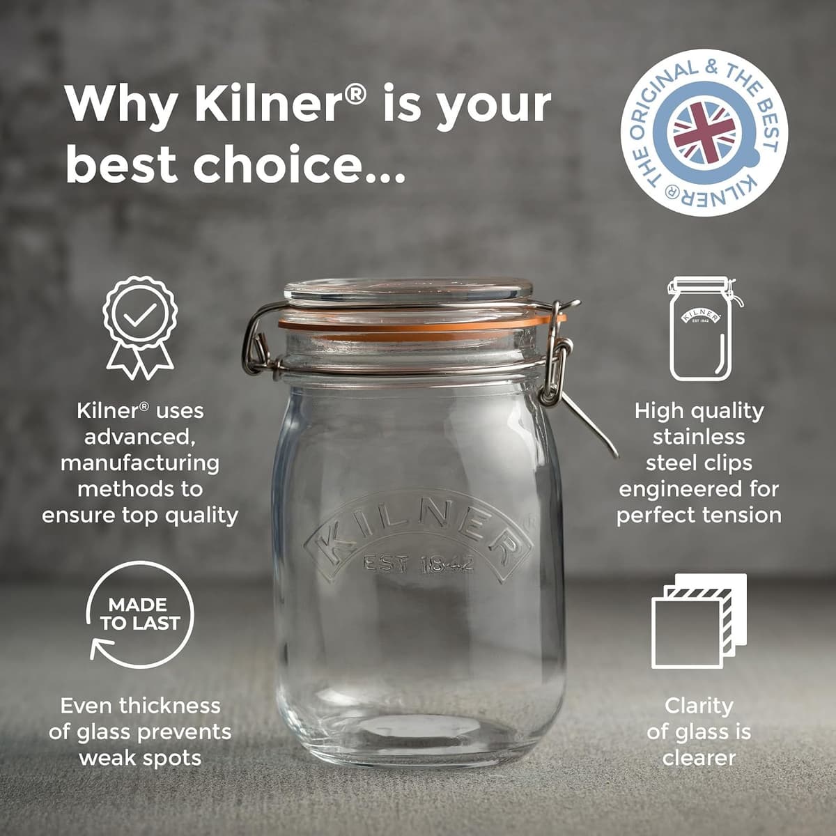 Kilner Clip Top Jar 1 Litre (1000ml) Airtight Glass Storage Jar for Preserving Fruits Vegetables Coffee Tea Rice Flour Nuts Pasta — view 9