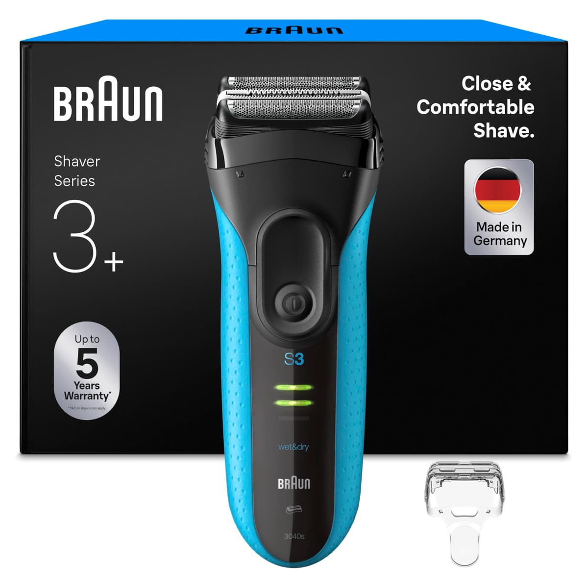 Braun Series 3 ProSkin Electric Shaver, 3040si, Black/Blue - Wet & Dry Electric Razor for Men, Pop Up Precision Trimmer, Rechargeable, Cordless, Designed in Germany