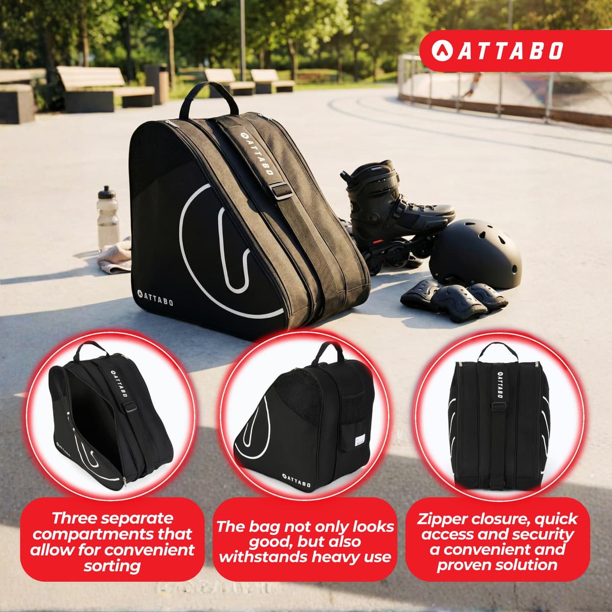 ATTABO Sako - Bolsa para Patines de Ruedas con 3 Compartimentos, poliéster y Sistema de ventilación, 38 l Grande, para Patines en línea y Patines — view 5