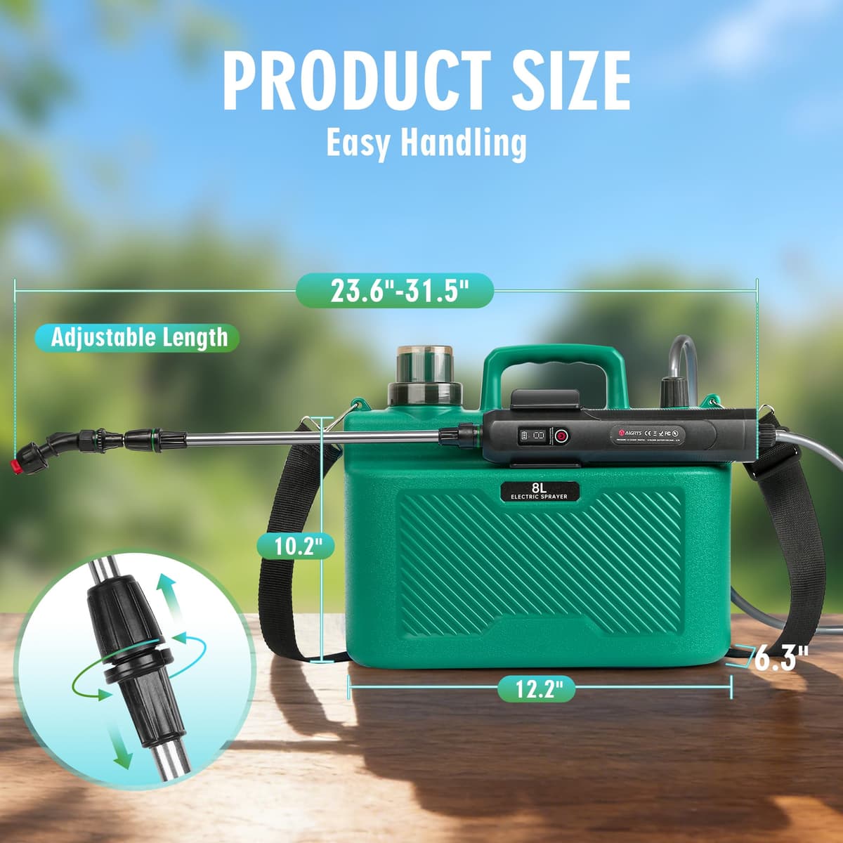 BesWin Battery Powered Sprayer 8L, Rechargeable Electric Garden Sprayer with 3 Speeds Displayed, Battery Indicator, 4 Mist Nozzles, Retractable Wand,Adjustable Shoulder Strap for Lawn Garden and Patio — view 5