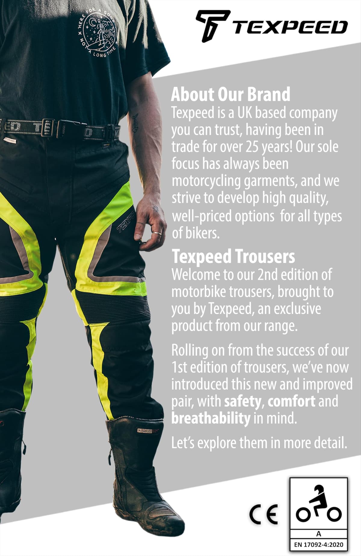 Texpeed Motorcycle Biker Trousers Mens Motorbike Waterproof Textile Cordura Pants With Protective CE Armour (EN 1621-1) Yellow Hi Vis - 42W / 30L — view 4