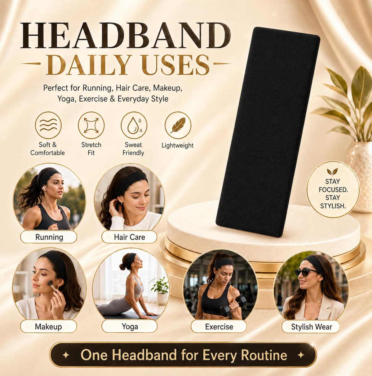 7cm Headbands for Women's and Girls, Stretchy Non-Slip Stylish Sports Hair Bands for Women's Hair, Soft Fabric Fashion Sweatbands for Makeup, Yoga, Running, Hair Accessories — view 5