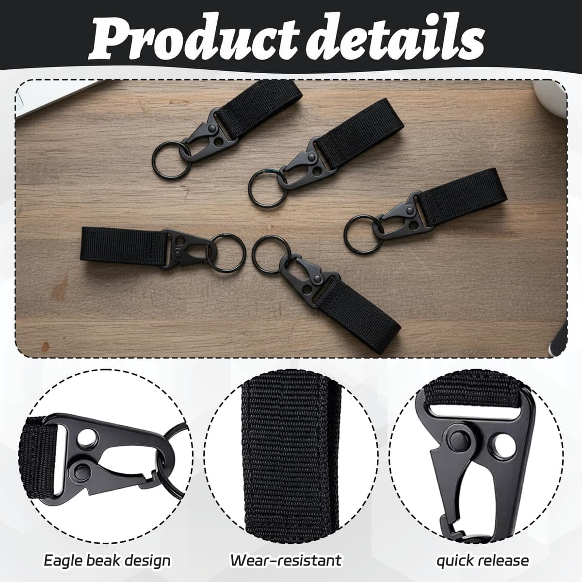 6 Piezas Mosquetón Táctico para Colgar, Llavero de Mosquetón Nylon Colgante Cinturón para Senderismo, Acampar, Actividades al Aire Libre para Acampar Senderismo Actividad al Aire Libre(Negro — view 2