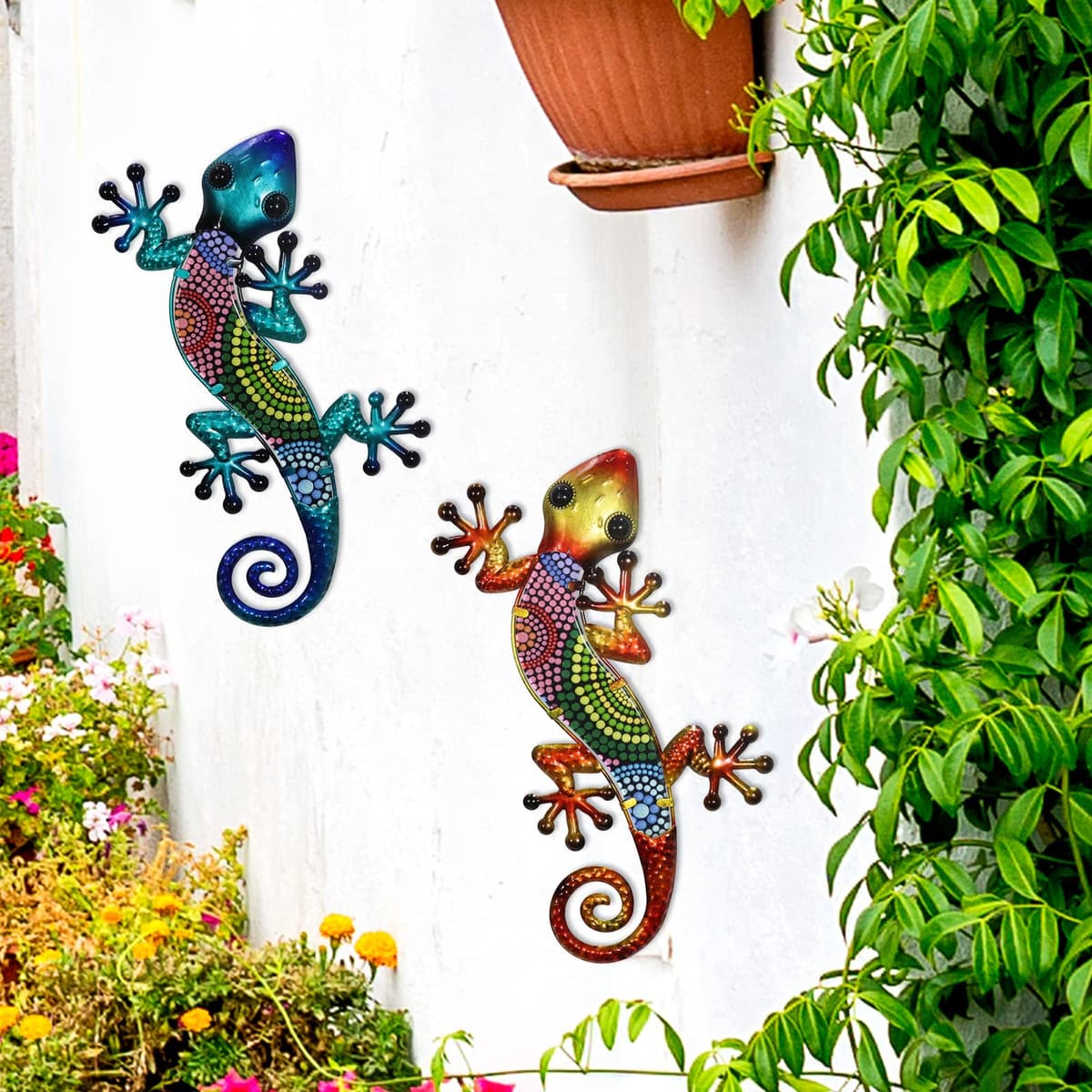 HONGLAND Metal Gecko Wall Art 2 Pack 15 Inch Lizard Outdoor Decor Hanging Glass Sculpture Decoration for Garden Fence Home — view 2