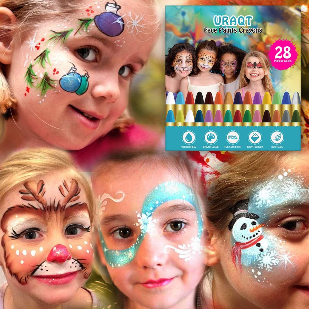 URAQT Pinturas, 28 Colores Crayones Niños de Seguridad No Tóxica, Maquillaje halloween para facial y corporal, Kit Maquillaje Festival Fiesta Cosplay Navidad — view 4