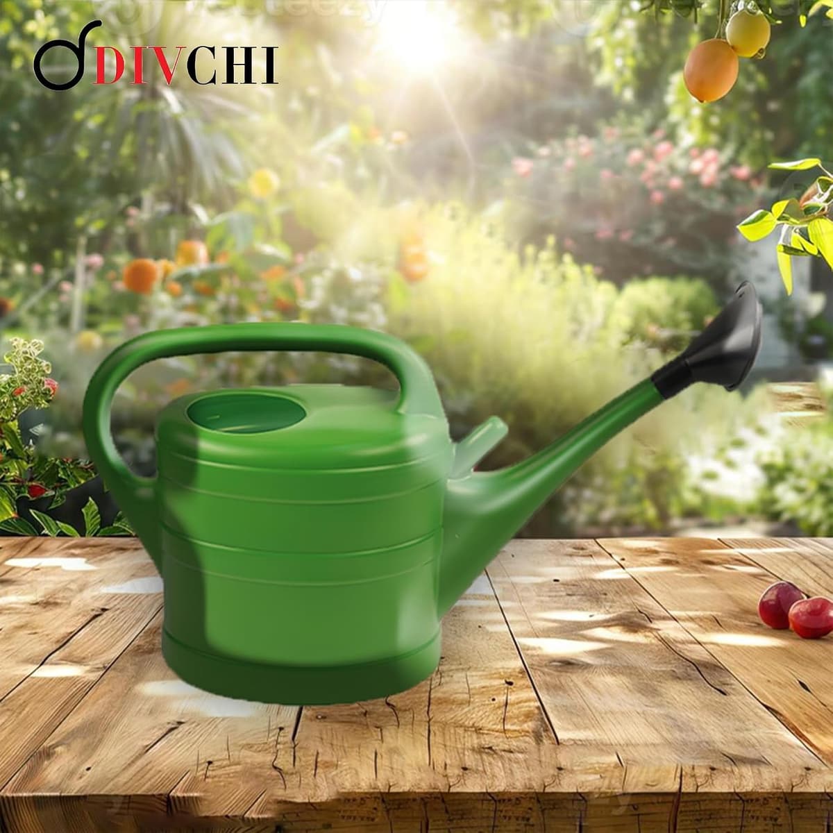 DIVCHI Green Plastic Watering Can with Wrap-Around Handle & Long Spout – Detachable Rose Sprinkler Head – Lightweight Garden Watering Can for Indoor & Outdoor Plant Care (6 Litre) 6 Litre Green