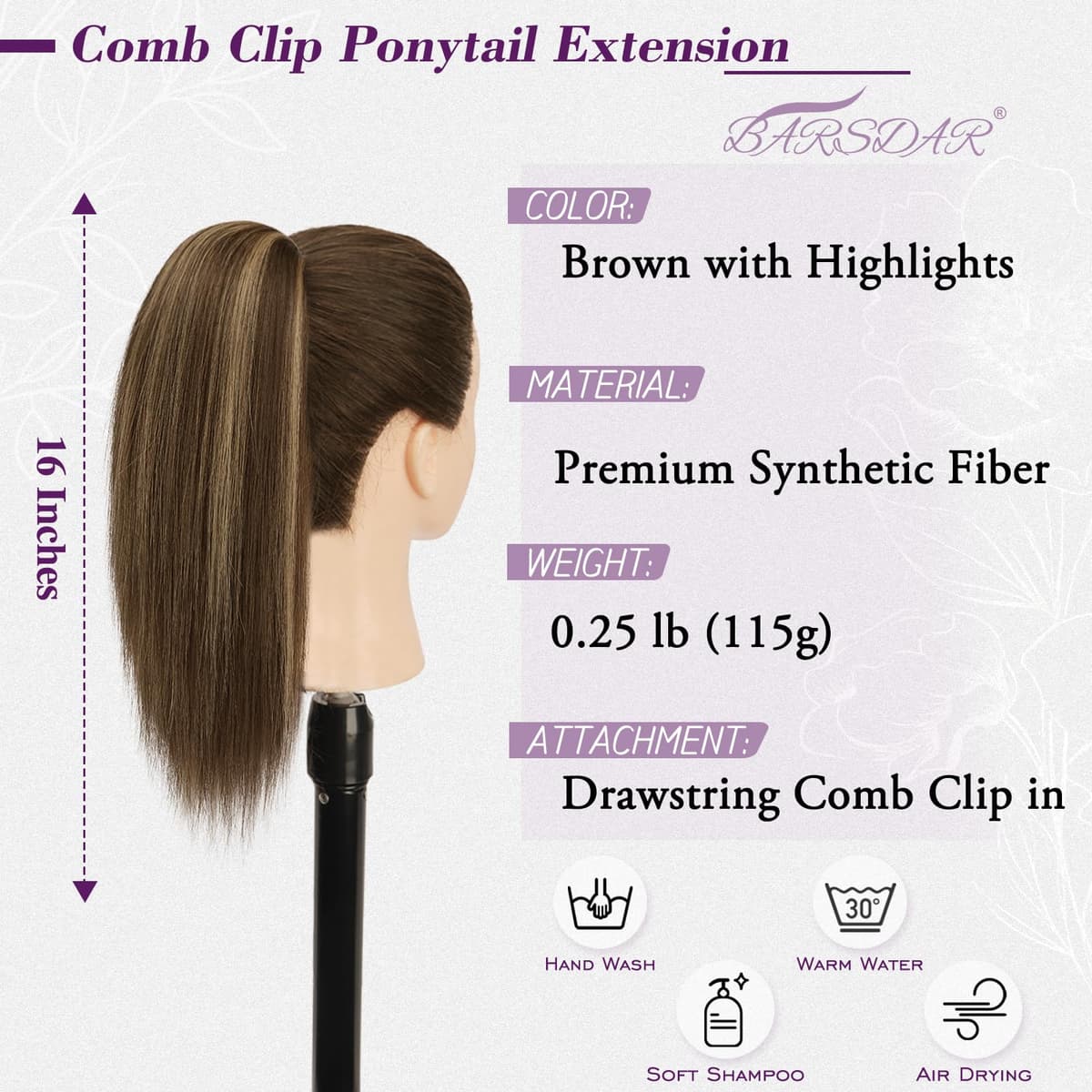 BARSDAR Straight Drawstring Ponytail Extension - 16 Inch Short Straight Ponytail Extension Natural Soft Synthetic Cheer Posh Pony Tails Hairpieces Daily Party Cheer Competition, Brown with Blonde — view 2