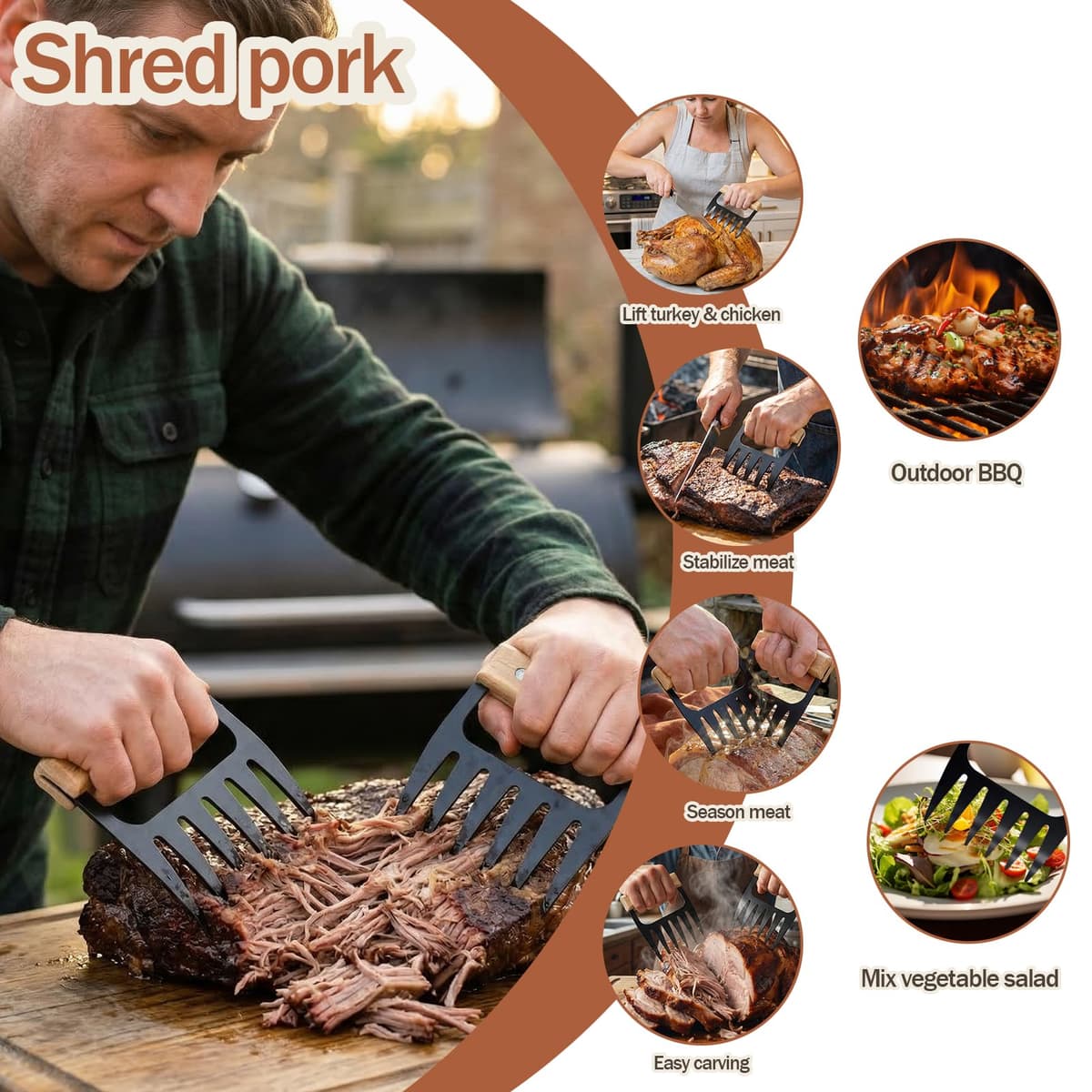 2 Pieces Meat Shredder Bear Claws with Wooden Handles – Chicken Shredder Tool for Pulled Pork, BBQ Meat Shredding, Barbecue Accessories, BBQ Gadgets — view 2