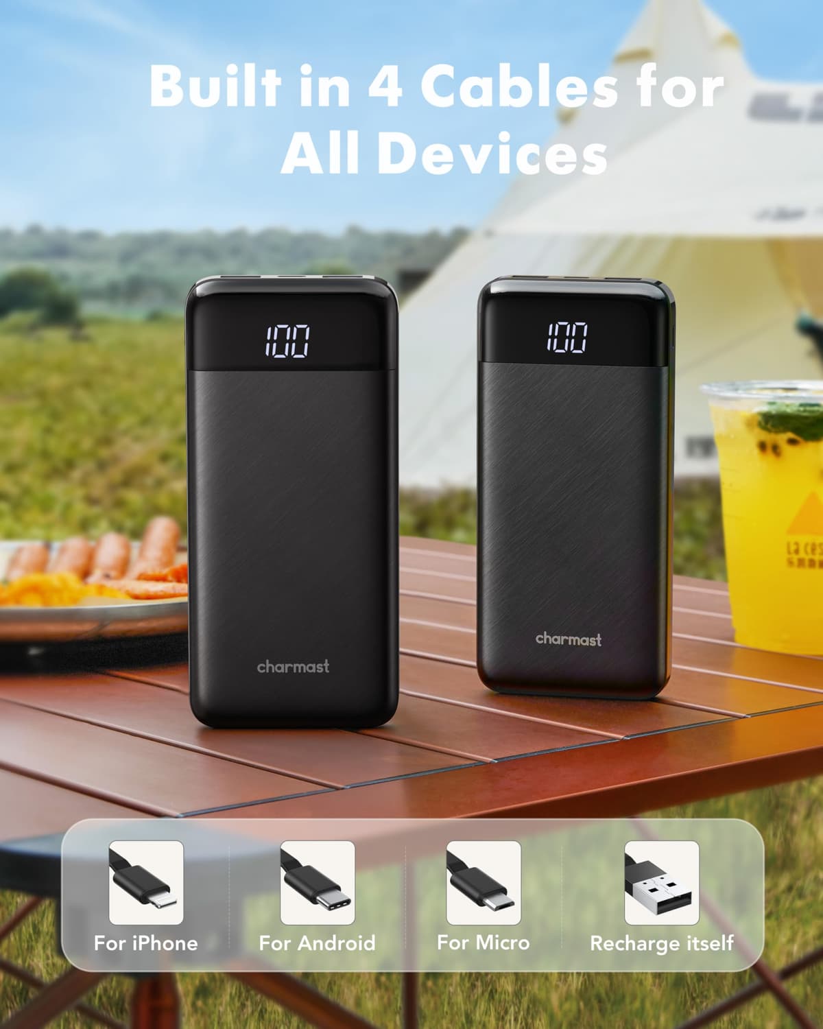 charmast Portable Charger with Built in Cables, Power Bank with Cords Wires, Slim 10000mAh Travel Battery Pack 6 Outputs 3 Inputs 3A Fast Charging for Samsung Google Pixel LG Moto iPhone iPad — view 3
