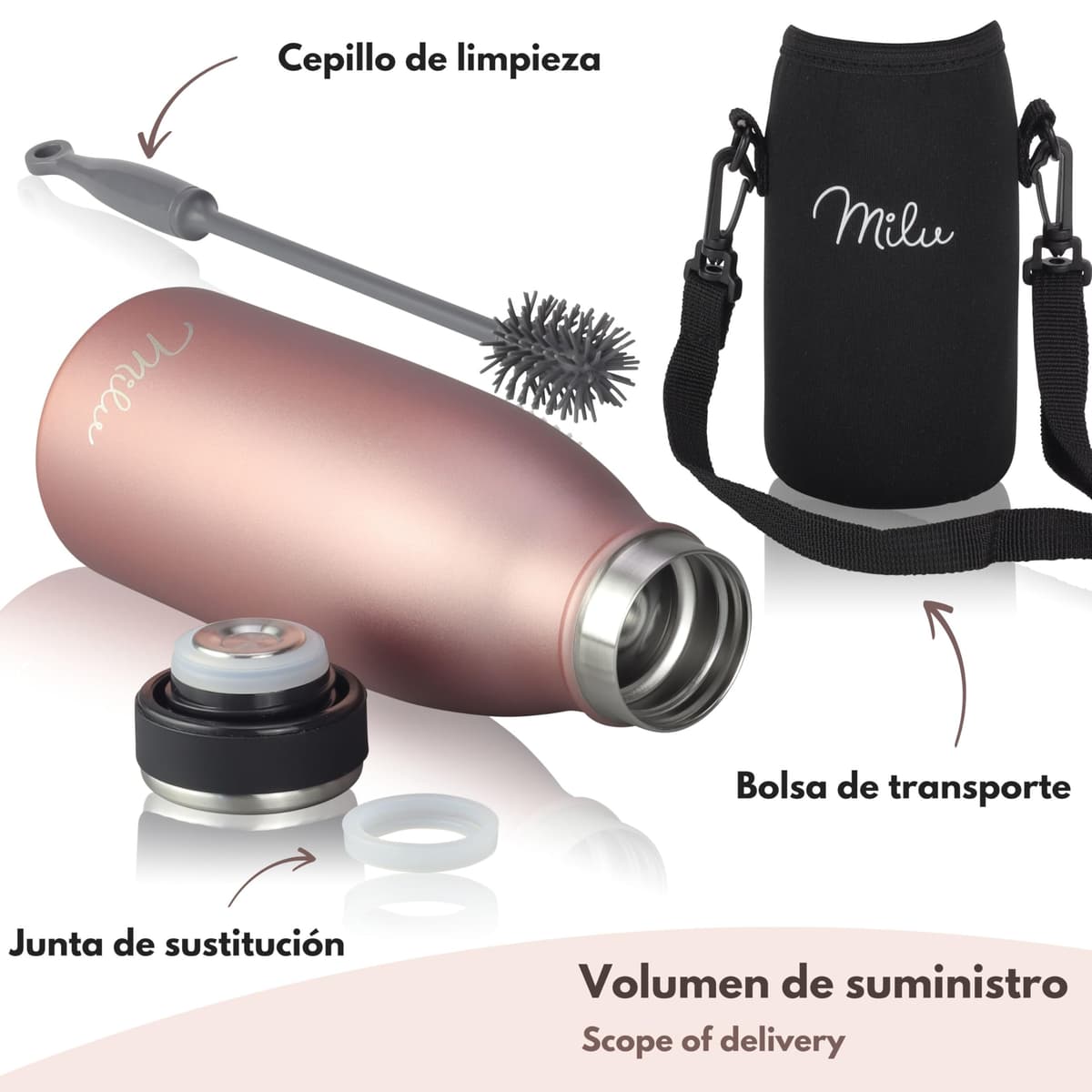 Milu Botella de acero inoxidable de 350ml 500ml 750 ml 1 L 1,5 L botella de agua aislada, termo a prueba de fugas, doble pared, apta para ácido carbónico + cepillo de limpieza (Azul Violeta, 350ml) — view 55