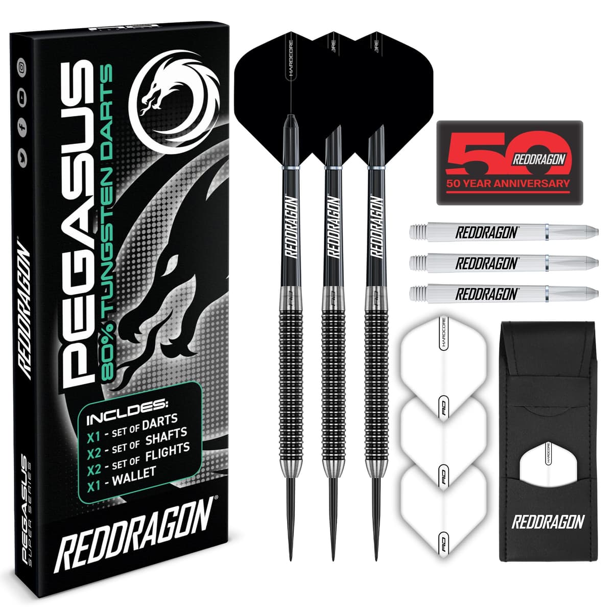 RED DRAGON Pegasus Juego de Dardos Profesionales con Punta de Acero de tungsteno Disponible en 21, 23, 24, 25, 26, 28, 30 Gramos con Plumas, Tallos (Ejes) y Billetera
