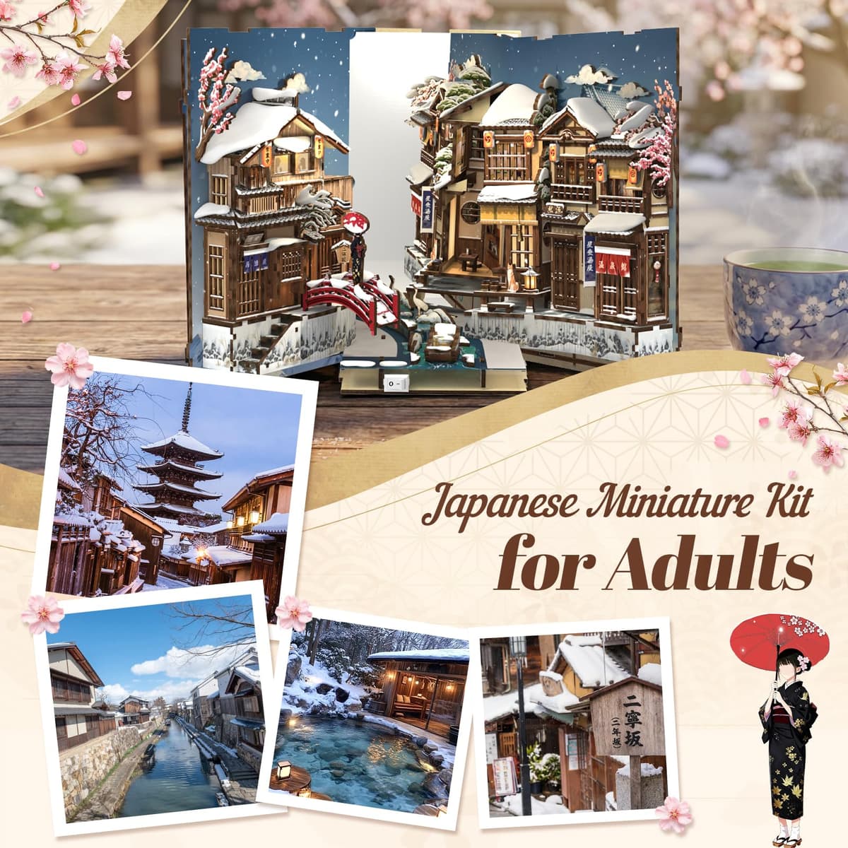 Book Nook Kit Fsolis – Susurro de Nieve en Kioto, Escena Japonesa Casa de Muñecas, Puzzle 3D, Decoración Estanterías, Regalo Adultos — view 3