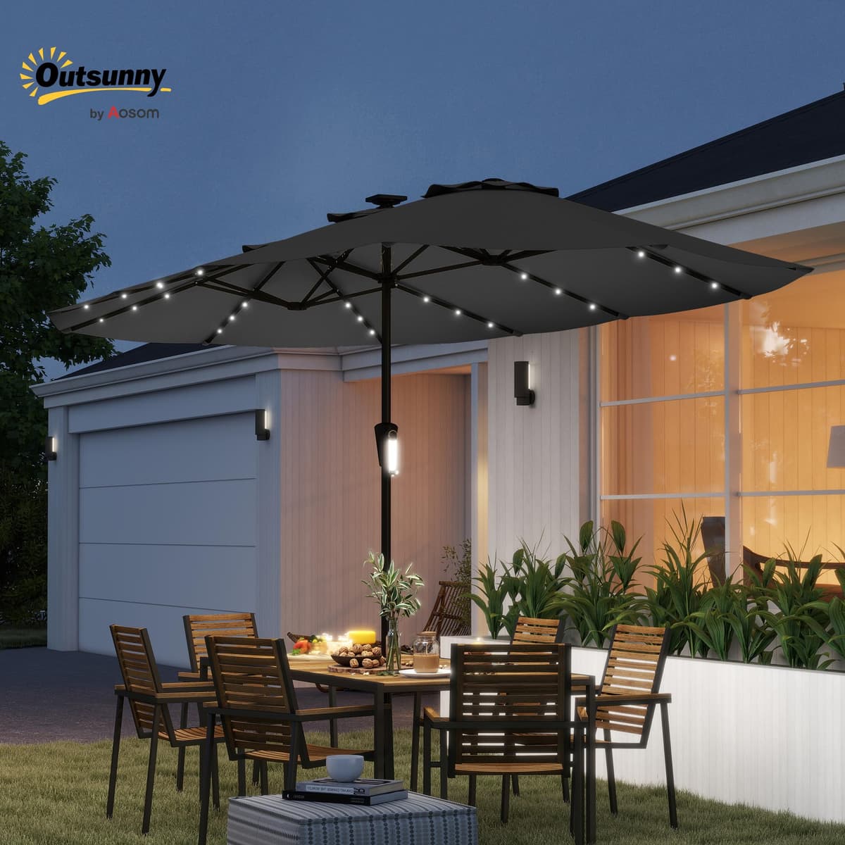 Outsunny Sombrilla Doble con 36 Luces LED Solares, 4x2 m, Sombrilla Terraza Exterior con Manivela, UPF50+, 12 Varillas, Resistente al Agua, Parasol para Jardín, Terraza, Patio — view 2