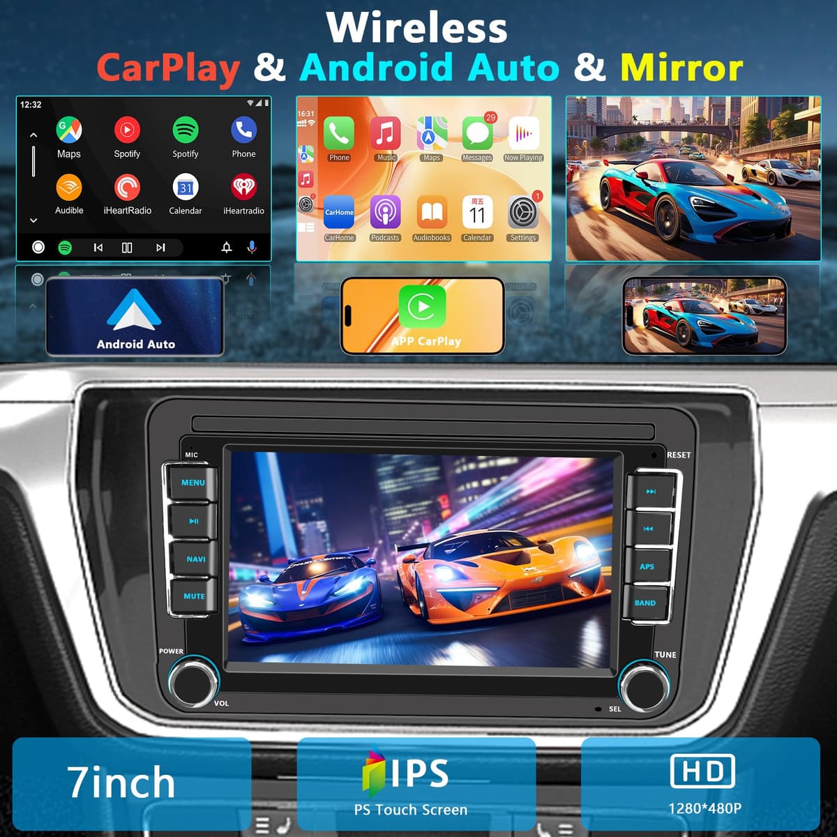 Radio Coche 2 DIN pour Pantalla Volkswagen Golf 5 6 Passat Jetta EOS Touareg, Écran IPS Android Auto CarPlay Sans Fil, Bluetooth USB FM RDS Noir — view 3