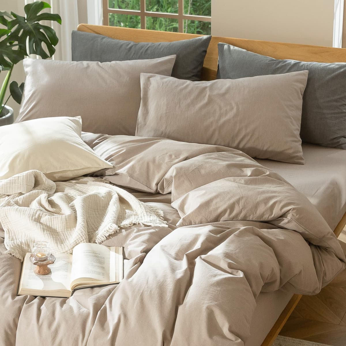 MooMee Bedding Duvet Cover Set 100% Washed Cotton Linen Like Textured Breathable Durable Soft Comfy (Tannish Linen Grey, King) — view 72
