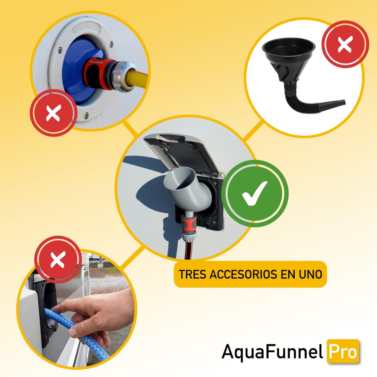 AquaFunnel Pro – Embudo para depósito de agua limpia de autocaravanas y campers, compatible con tapones estándar europeos, llenado con botellas y manguera. (68 mm - 3 pins) — view 5