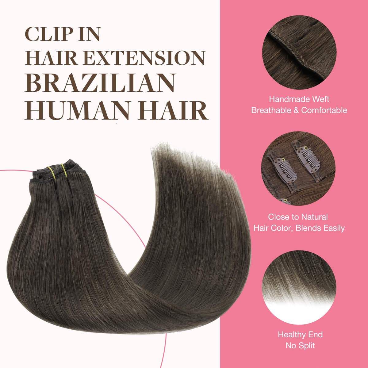 GOO GOO Clip in Hair Extensions Human Hair, 18inch 150g 9Pcs, #2 Dark Brown, Hair extensions for women, Human Hair Extensions Clip in — view 343