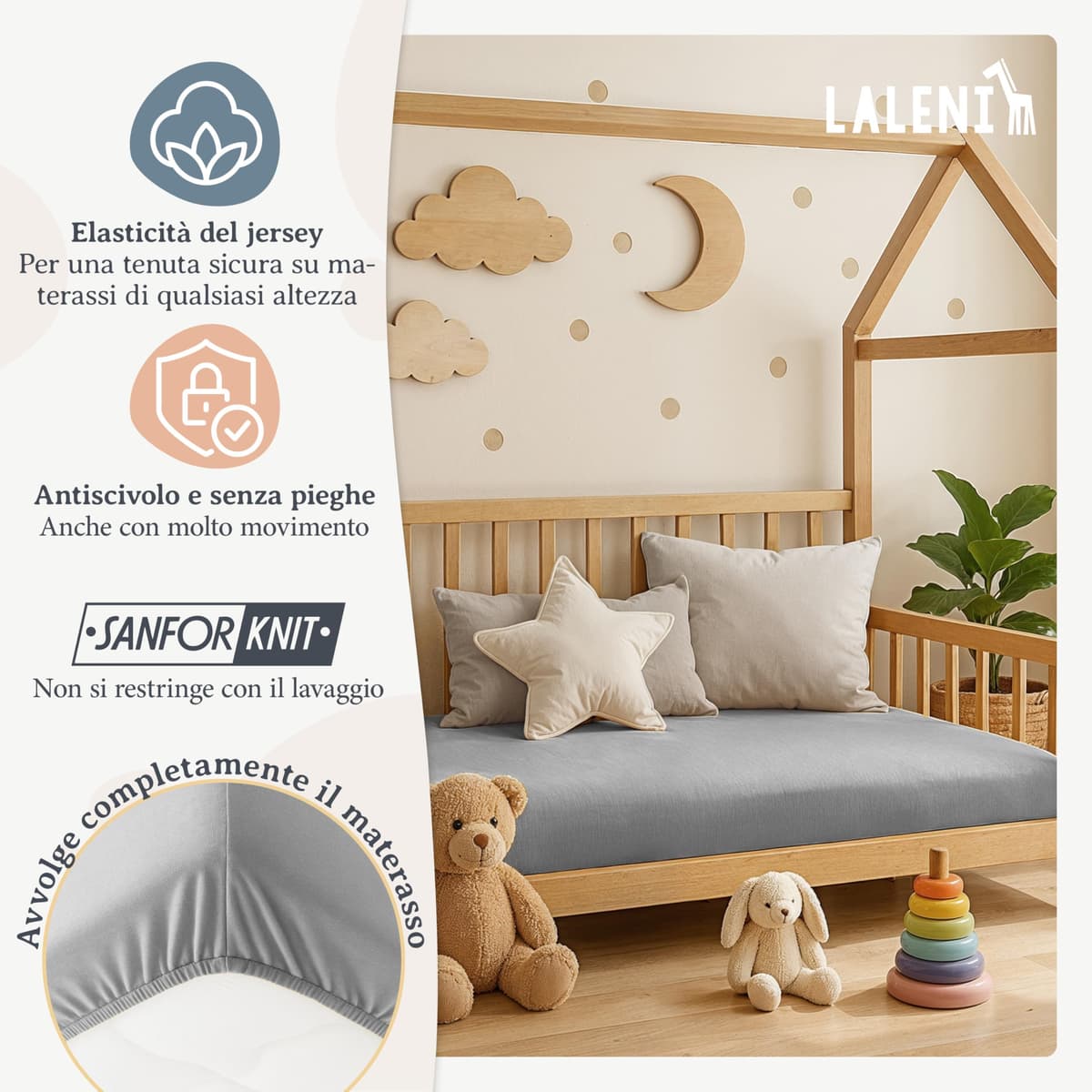 Laleni Sabana Bajera 60to70x120to140x15cm Oeko-Tex - sabanaja Bajera 100% Algodon para Cama de Infantil Set de 2-Ropa de Cama Infantil - para Cuna Bebe Color Moonlight Grey - Gris — view 4