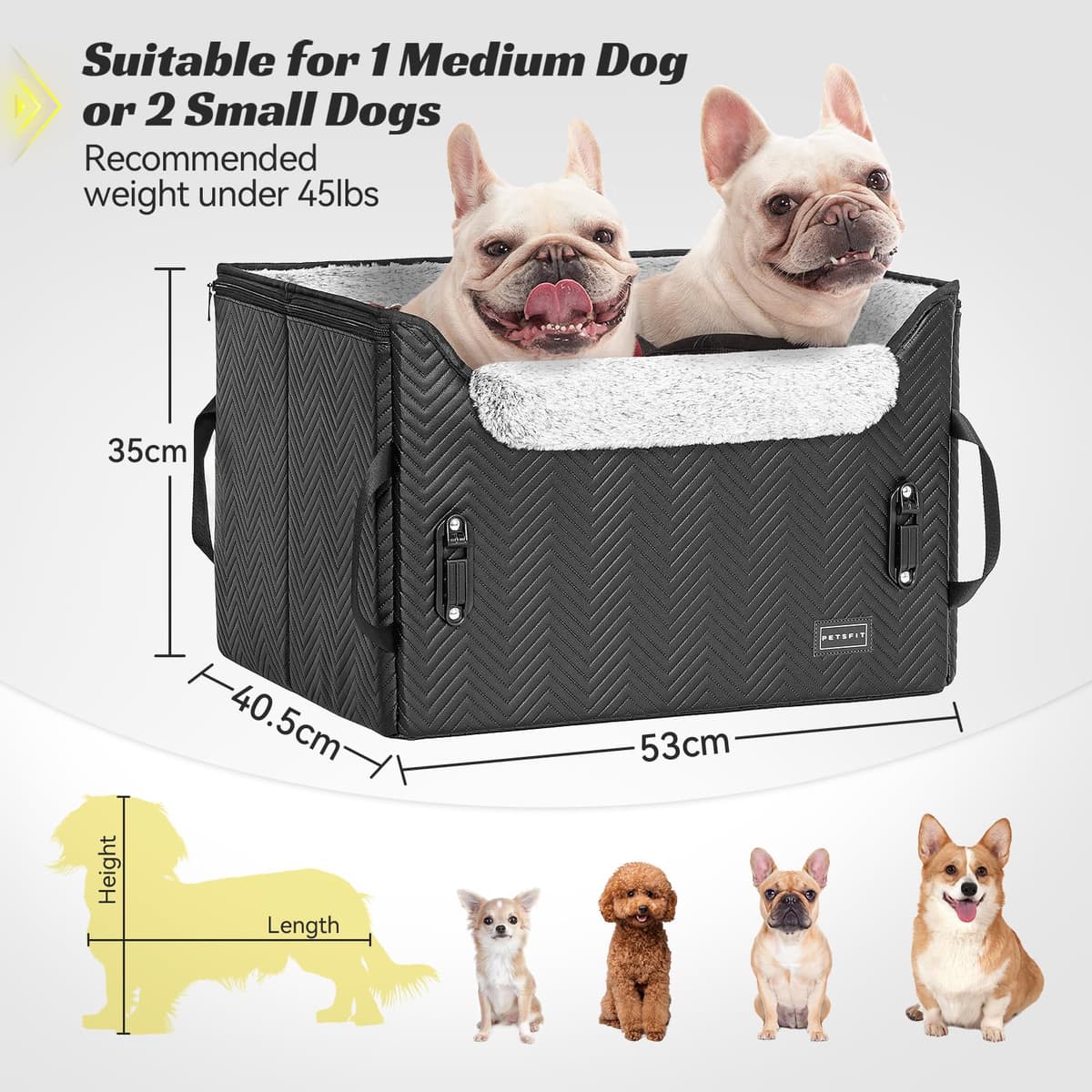 PETSFIT Dog Car Booster Seat Medium Dog Car Seat with 2 Clip-On Safety Leashes, Patented Buckles, Dog Booster Seat for Pets (Black Leather, M) — view 5