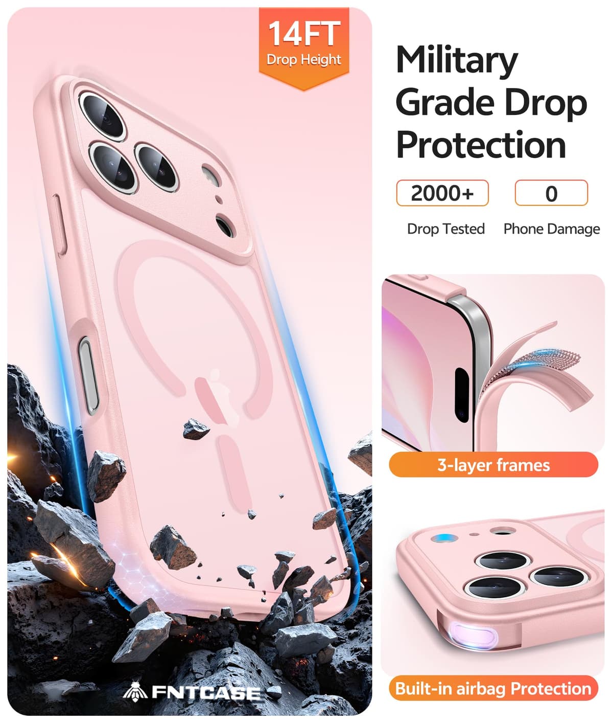 FNTCASE for iPhone 17 Pro Case: [Compatible with Magsafe] Translucent Matte Cases with [Full Camera Protection] [Screen Protector] Military Grade Shockproof Protective Phone Cover - Light Pink — view 5