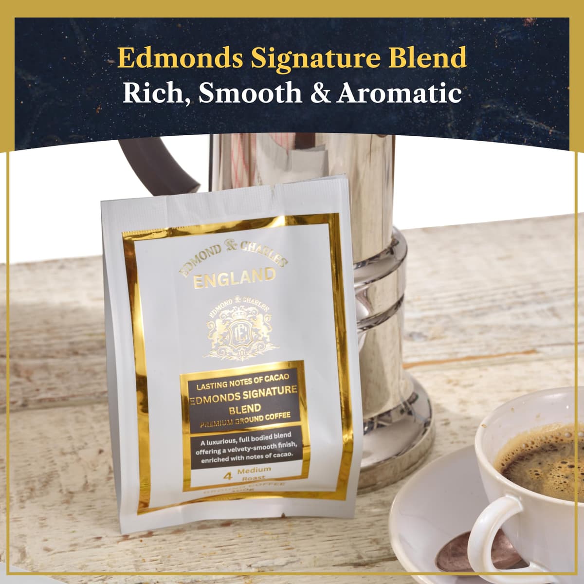 Edmond & Charles Gourmet Coffee & Chocolate Gift Hamper | Luxury Box with Edmonds Signature Blend Ground Coffee, Salted Caramel Syrup, Biscuits, Cake & Chocolates | Hampers Presents for Women & Men — view 2