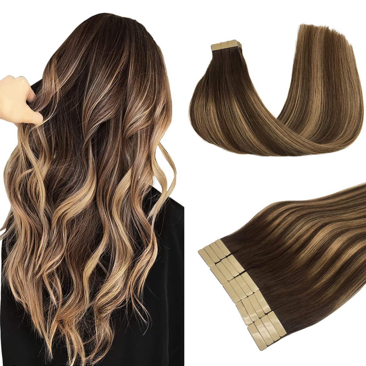 DOORES Tape in Hair Extensions Human Hair, Balayage Dark Brown to Chestnut Brown 50g 20pcs 18 Inch, Human Hair Extensions Natural Remy Straight Skin Weft — view 20