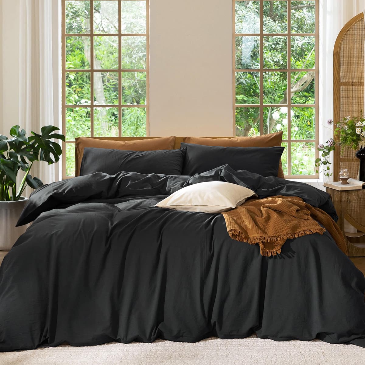MooMee Bedding Duvet Cover Set 100% Washed Cotton Linen Like Textured Breathable Durable Soft Comfy (Tannish Linen Grey, King) — view 17